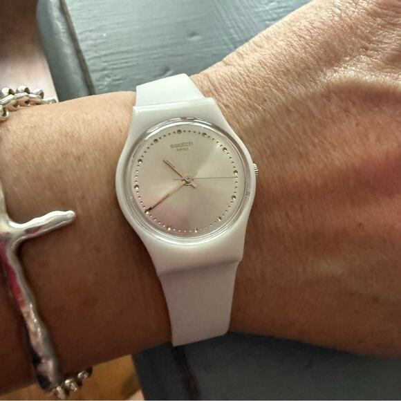 Swatch Watch White Band Rose Gold Face - Picture 1 of 6